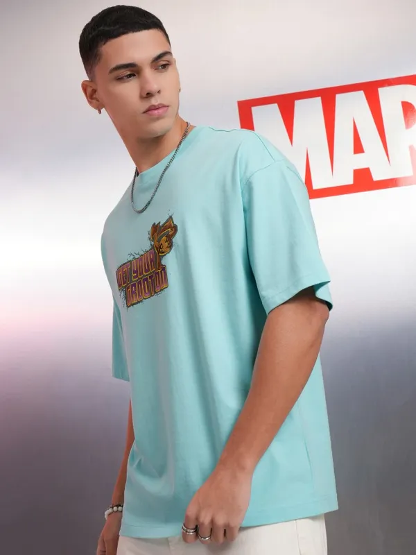 Marvel By Highlander Blue Groot Printed Oversized Fit T-Shirt