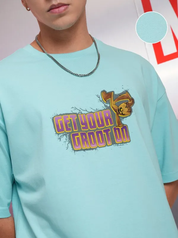 Marvel By Highlander Blue Groot Printed Oversized Fit T-Shirt