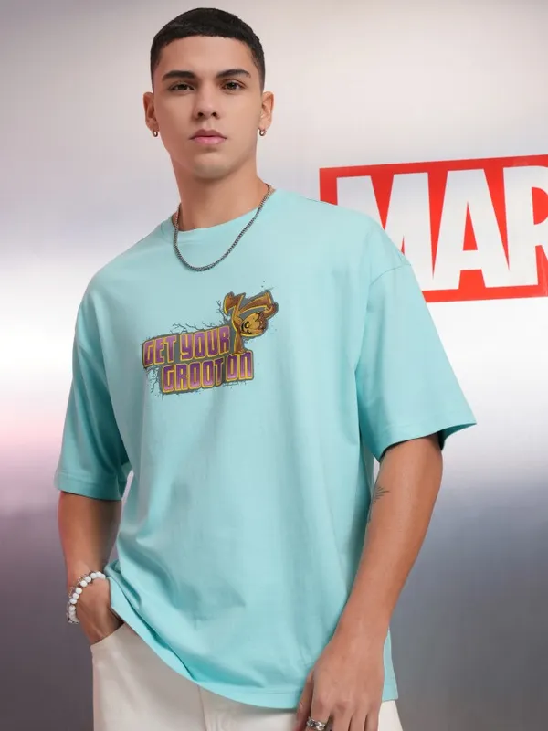 Marvel By Highlander Blue Groot Printed Oversized Fit T-Shirt