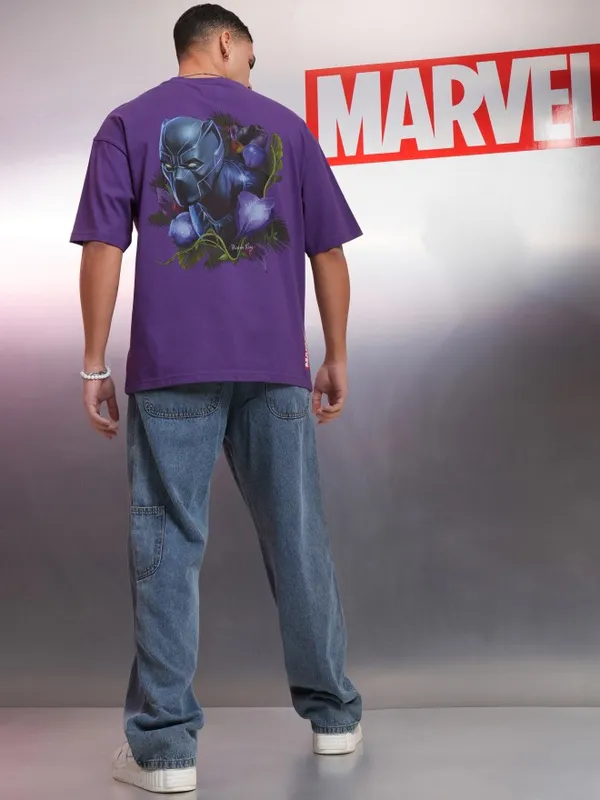 Marvel By Highlander Men Purple Black Panther Printed Round Neck Oversized Fit T-Shirt