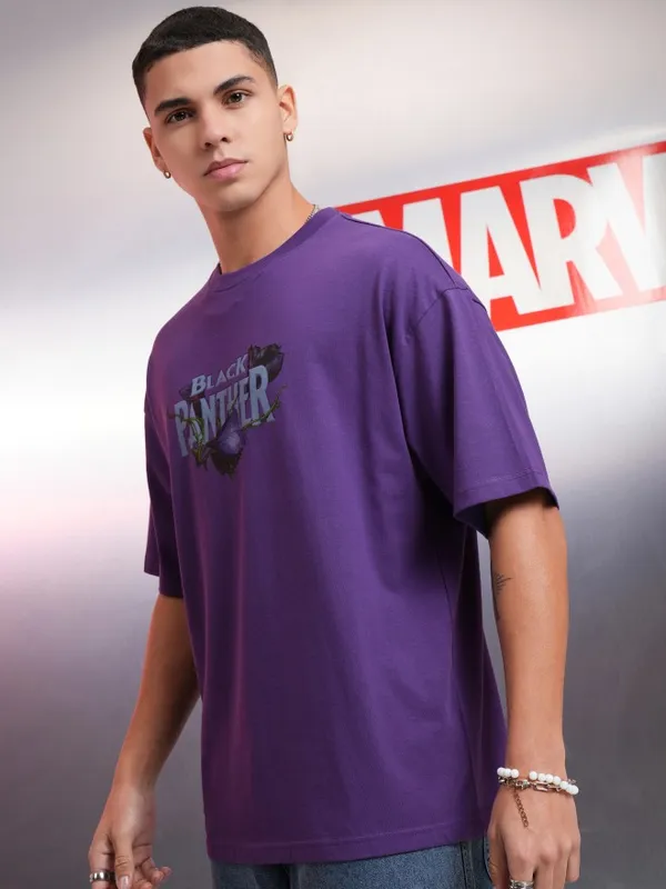Marvel By Highlander Men Purple Black Panther Printed Round Neck Oversized Fit T-Shirt