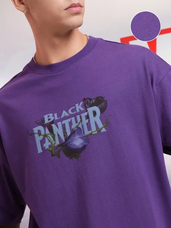 Marvel By Highlander Men Purple Black Panther Printed Round Neck Oversized Fit T-Shirt