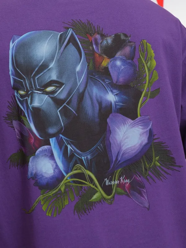 Marvel By Highlander Men Purple Black Panther Printed Round Neck Oversized Fit T-Shirt
