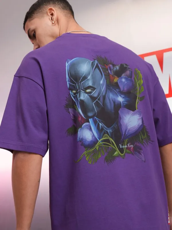 Marvel By Highlander Purple Black Panther Printed Oversized Fit T-Shirt