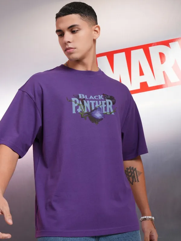 Marvel By Highlander Purple Black Panther Printed Oversized Fit T-Shirt