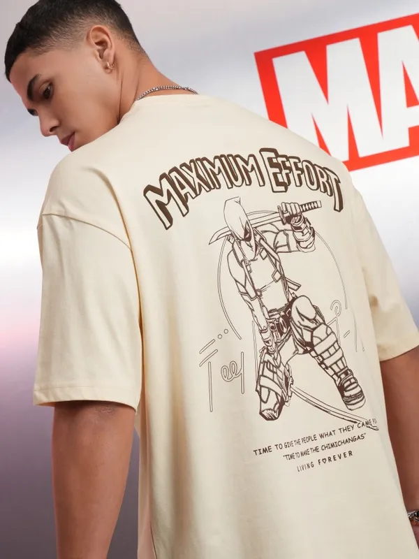 Marvel By Highlander Cream Deadpool Printed Oversized Fit T-Shirt