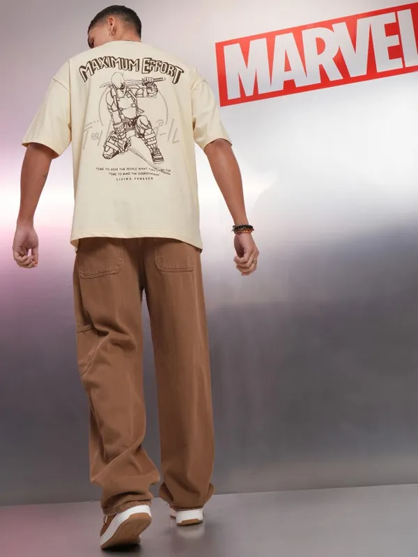 Marvel By Highlander Cream Deadpool Printed Oversized Fit T-Shirt