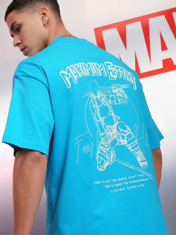Marvel By Highlander Blue Deadpool Printed Oversized Fit T-Shirt