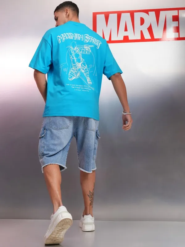 Marvel By Highlander Blue Deadpool Printed Oversized Fit T-Shirt