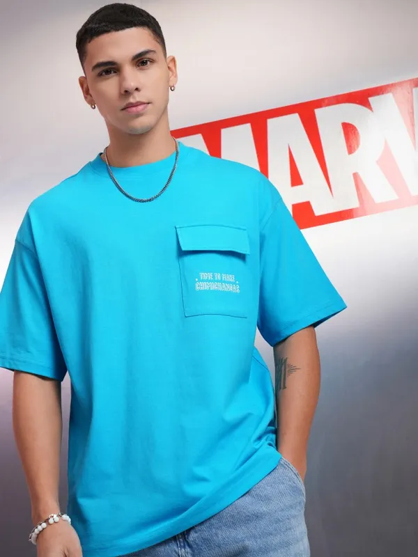 Marvel By Highlander Blue Deadpool Printed Oversized Fit T-Shirt