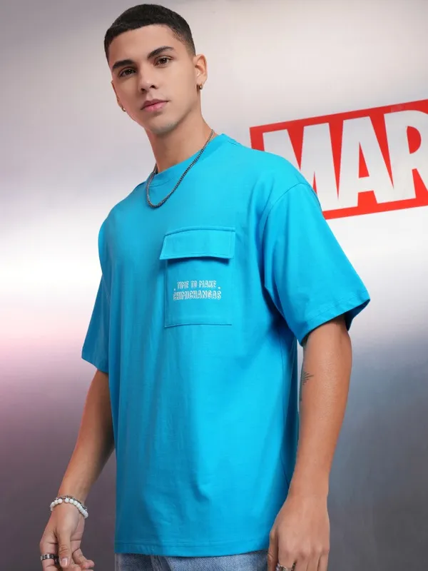 Marvel By Highlander Blue Deadpool Printed Oversized Fit T-Shirt