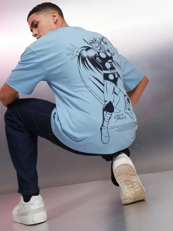 Marvel By Highlander Men Blue Thor Printed Round Neck Oversized Fit T-Shirt