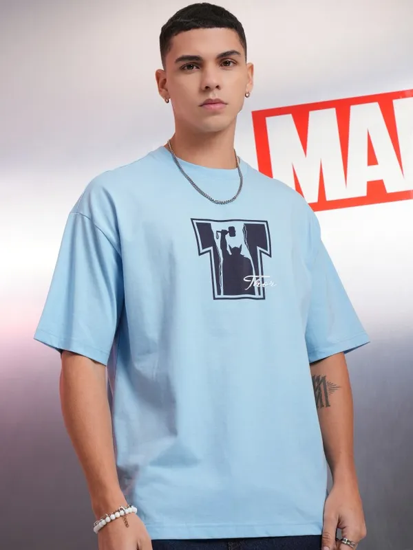 Marvel By Highlander Men Blue Thor Printed Round Neck Oversized Fit T-Shirt