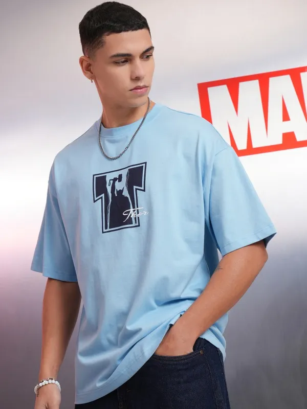 Marvel By Highlander Men Blue Thor Printed Round Neck Oversized Fit T-Shirt