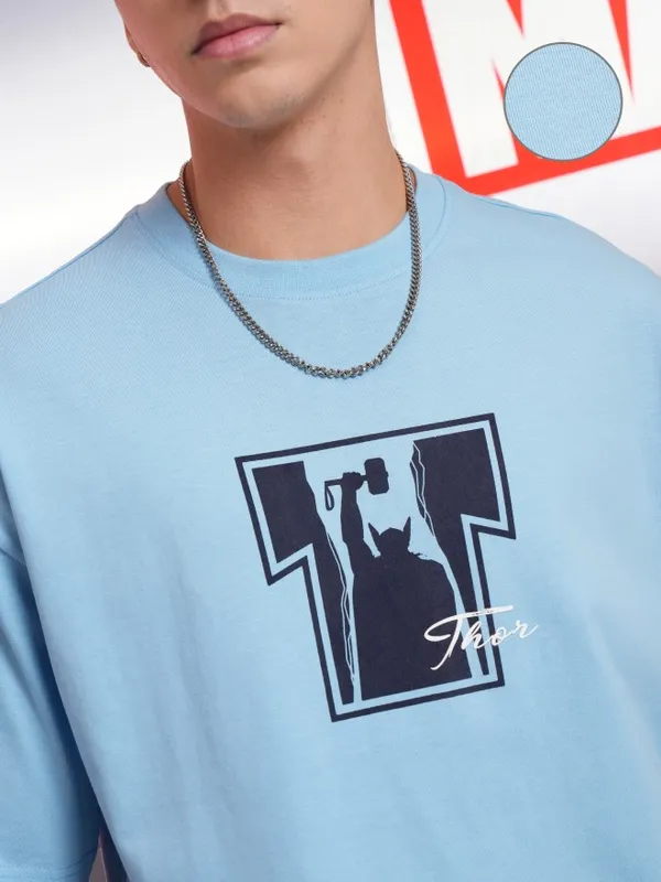 Marvel By Highlander Men Blue Thor Printed Round Neck Oversized Fit T-Shirt