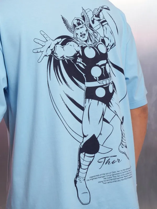 Marvel By Highlander Men Blue Thor Printed Round Neck Oversized Fit T-Shirt