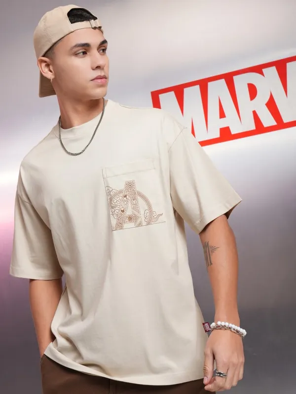 Marvel By Highlander Cream Avengers Printed Oversized Fit T-Shirt