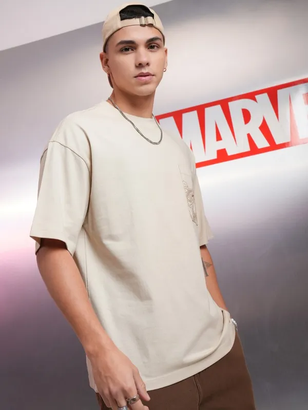 Marvel By Highlander Cream Avengers Printed Oversized Fit T-Shirt