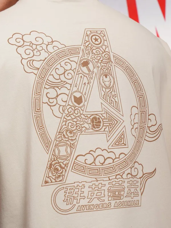 Marvel By Highlander Cream Avengers Printed Oversized Fit T-Shirt