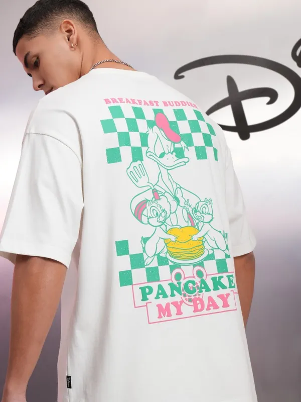 Disney By Highlander Men White Donald Duck Printed Round Neck Oversized Fit T-Shirt