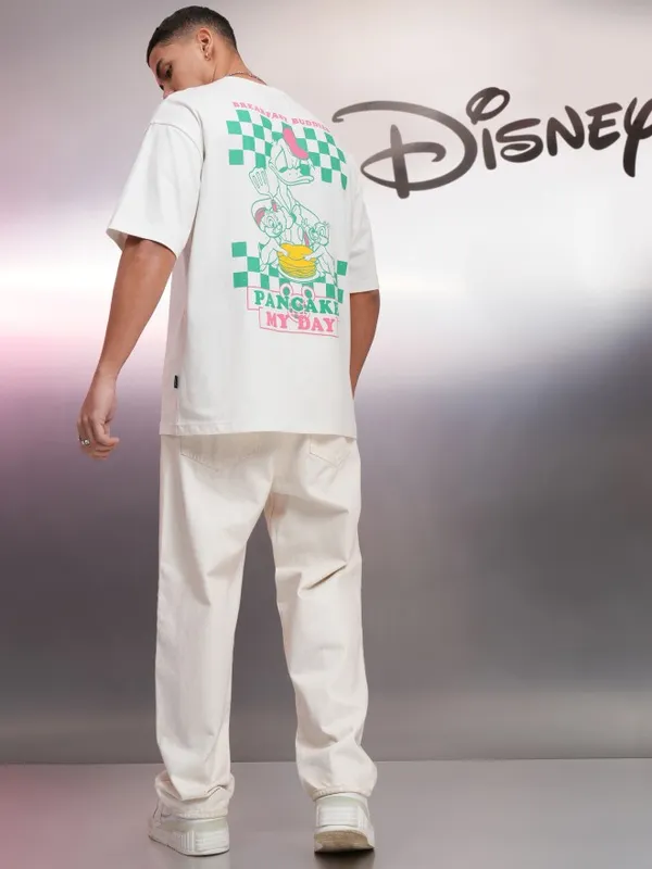 Disney By Highlander Men White Donald Duck Printed Round Neck Oversized Fit T-Shirt