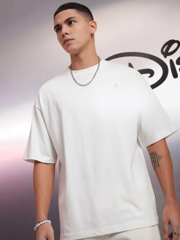 Disney By Highlander Men White Donald Duck Printed Round Neck Oversized Fit T-Shirt