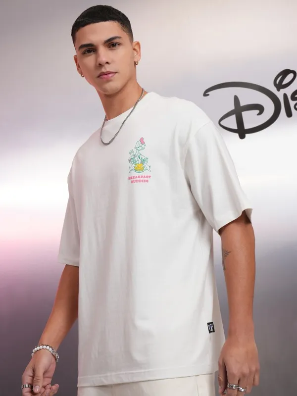 Disney By Highlander Men White Donald Duck Printed Round Neck Oversized Fit T-Shirt