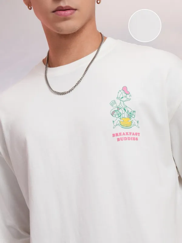 Disney By Highlander Men White Donald Duck Printed Round Neck Oversized Fit T-Shirt
