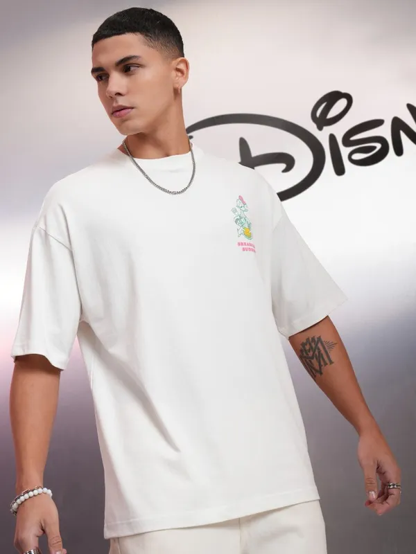Disney By Highlander Men White Donald Duck Printed Round Neck Oversized Fit T-Shirt