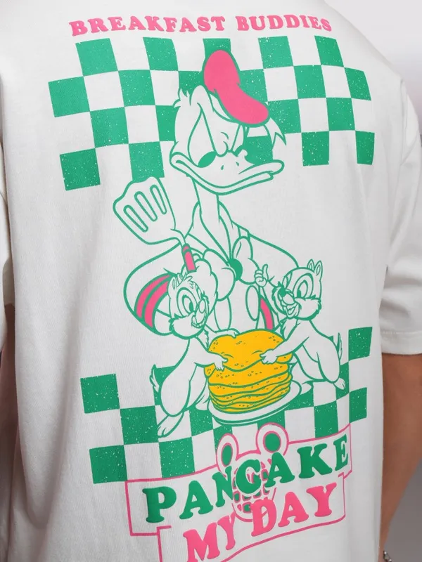 Disney By Highlander Men White Donald Duck Printed Round Neck Oversized Fit T-Shirt