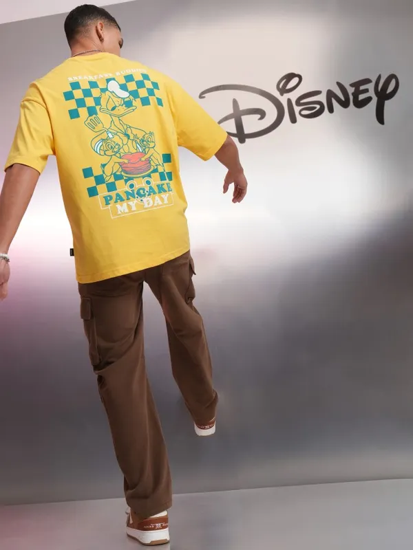 Disney By Highlander Men Yellow Donald Duck Printed Round Neck Oversized Fit T-Shirt