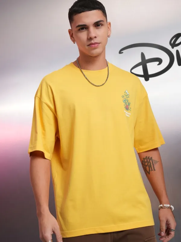 Disney By Highlander Men Yellow Donald Duck Printed Round Neck Oversized Fit T-Shirt