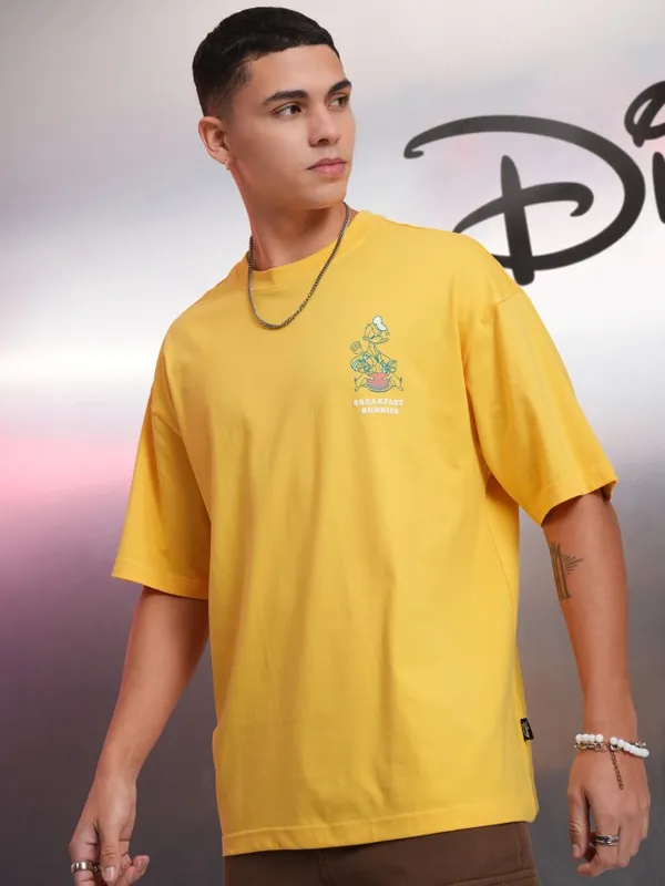 Disney By Highlander Men Yellow Donald Duck Printed Round Neck Oversized Fit T-Shirt