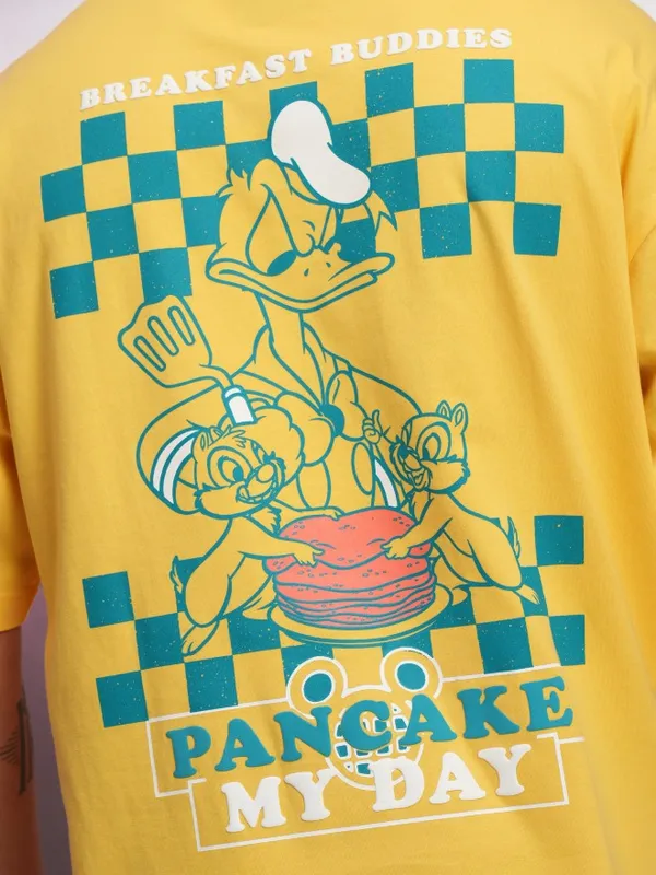 Disney By Highlander Men Yellow Donald Duck Printed Round Neck Oversized Fit T-Shirt