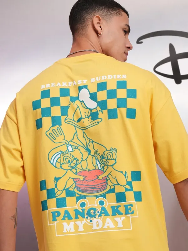Disney By Highlander Men Yellow Donald Duck Printed Round Neck Oversized Fit T-Shirt
