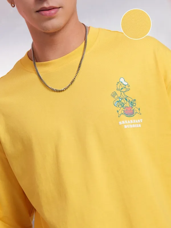 Disney By Highlander Men Yellow Donald Duck Printed Round Neck Oversized Fit T-Shirt