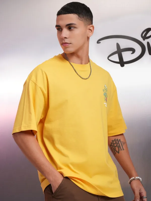 Disney By Highlander Men Yellow Donald Duck Printed Round Neck Oversized Fit T-Shirt