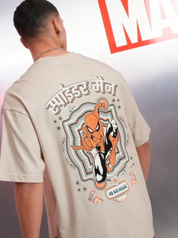 Marvel By Highlander Men Cream Spider-Man Printed Round Neck Oversized Fit T-Shirt