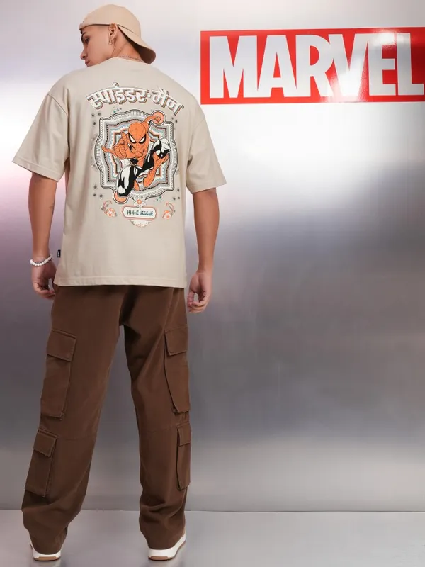 Marvel By Highlander Men Cream Spider-Man Printed Round Neck Oversized Fit T-Shirt