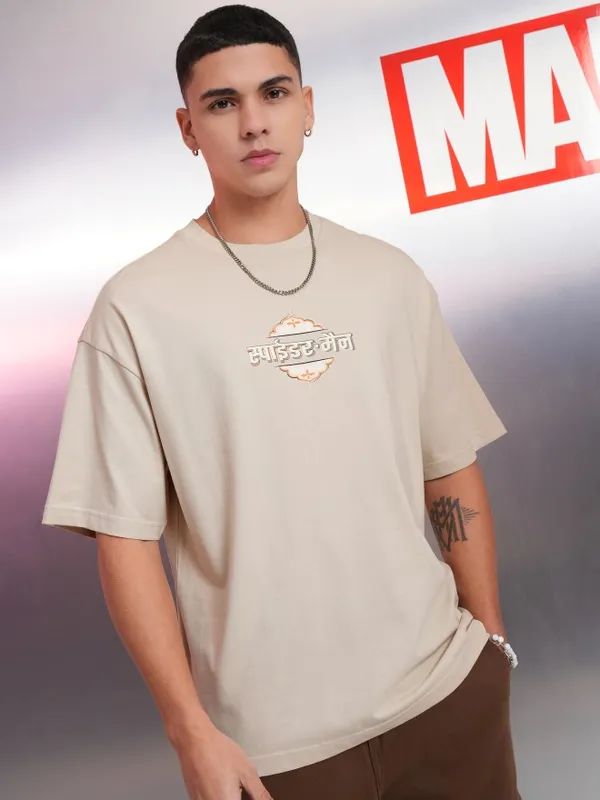 Marvel By Highlander Men Cream Spider-Man Printed Round Neck Oversized Fit T-Shirt