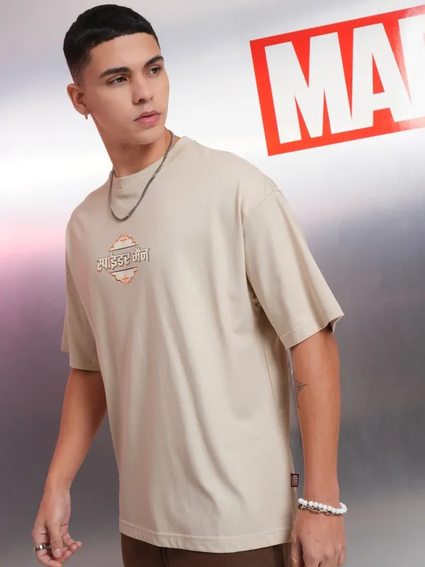 Marvel By Highlander Men Cream Spider-Man Printed Round Neck Oversized Fit T-Shirt