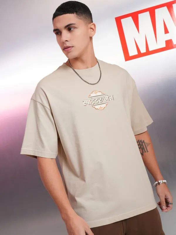 Marvel By Highlander Men Cream Spider-Man Printed Round Neck Oversized Fit T-Shirt