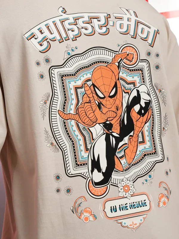 Marvel By Highlander Men Cream Spider-Man Printed Round Neck Oversized Fit T-Shirt
