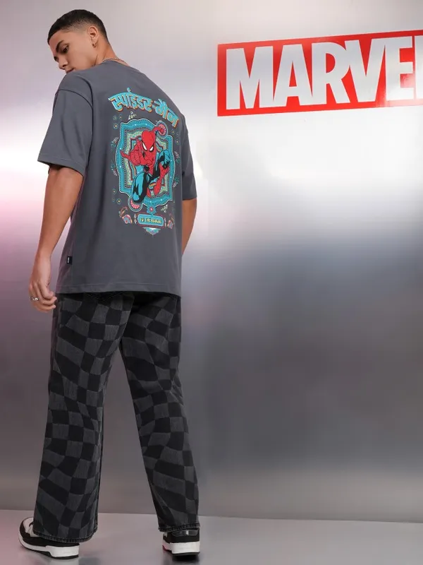 Marvel By Highlander Men Grey Spider-Man Printed Round Neck Oversized Fit T-Shirt