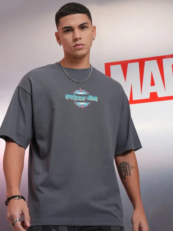 Marvel By Highlander Men Grey Spider-Man Printed Round Neck Oversized Fit T-Shirt