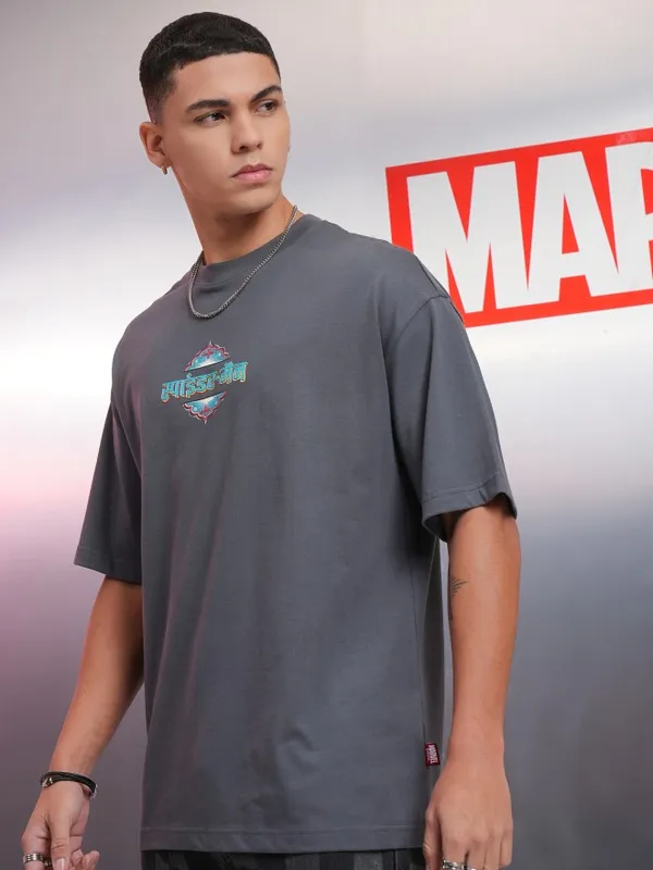 Marvel By Highlander Men Grey Spider-Man Printed Round Neck Oversized Fit T-Shirt