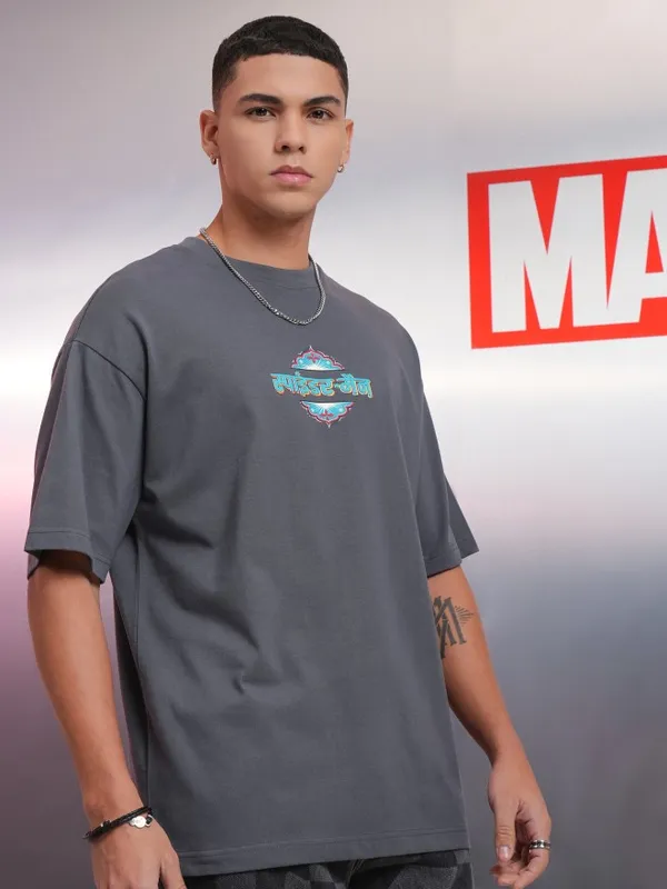 Marvel By Highlander Men Grey Spider-Man Printed Round Neck Oversized Fit T-Shirt