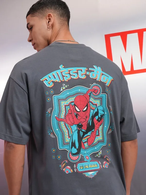 Marvel By Highlander Grey Spiderman Printed Oversized Fit T-Shirt