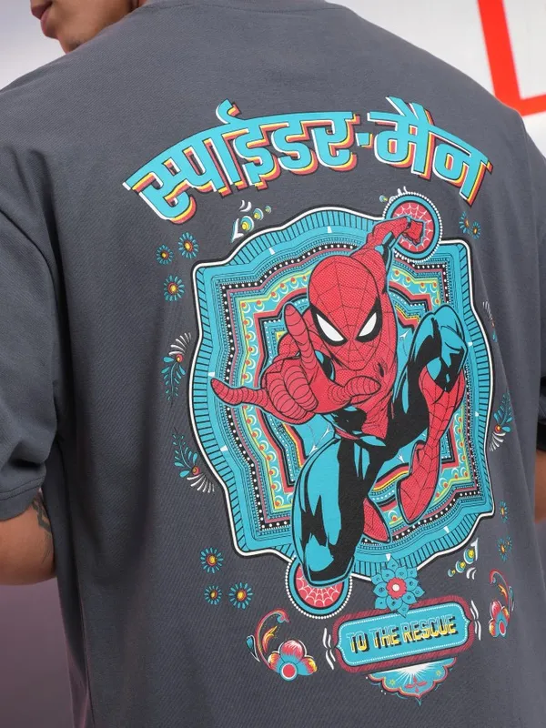 Marvel By Highlander Grey Spiderman Printed Oversized Fit T-Shirt