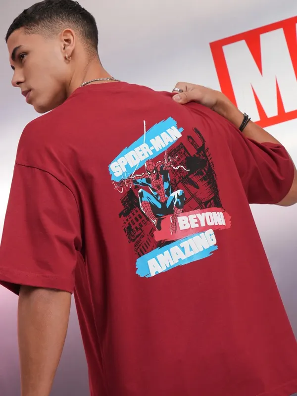 Marvel By Highlander Maroon Spiderman Printed Oversized Fit T-Shirt
